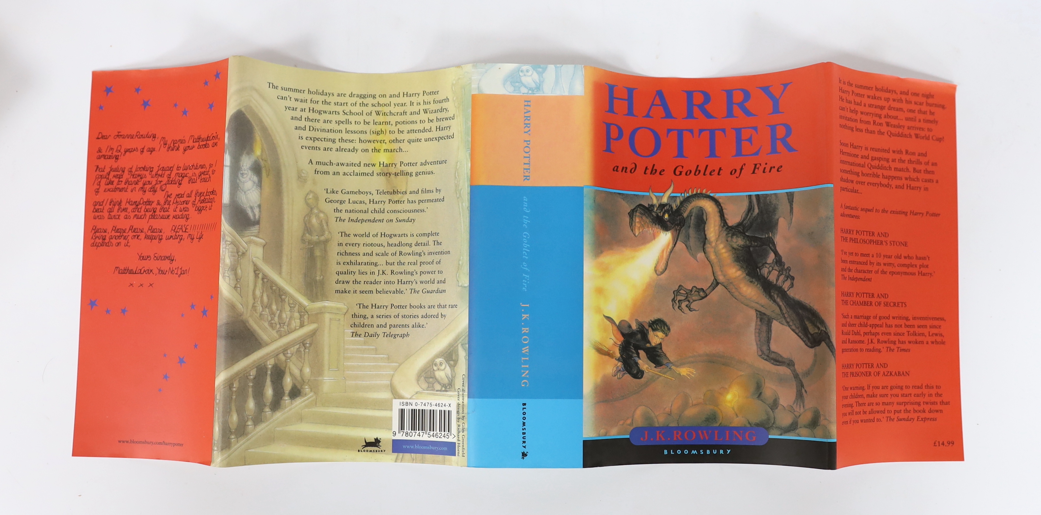 Rowling, J.K. - Harry Potter and the Goblet of Fire. Ist edition, signed by author on dedication leaf (and with the signing session admission ticket loosely inserted). vignette illus. half and title pages; publisher's co